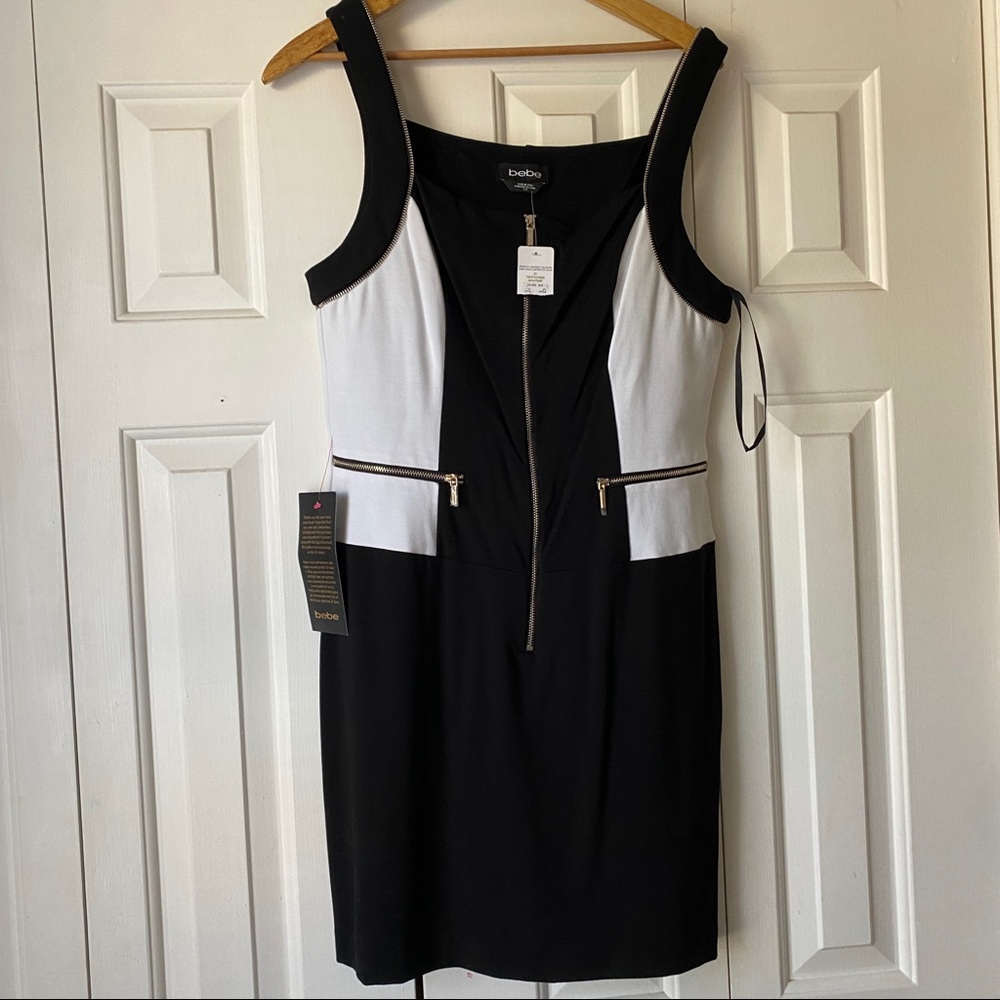 bebe Black and White Colorblock Zip-Front Sheath Dress